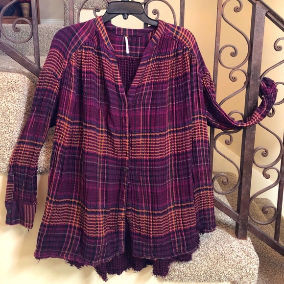 Free People Tops - Free People Lightweight Plaid Top Double Cloth Swing OversizedBurgandy M $108